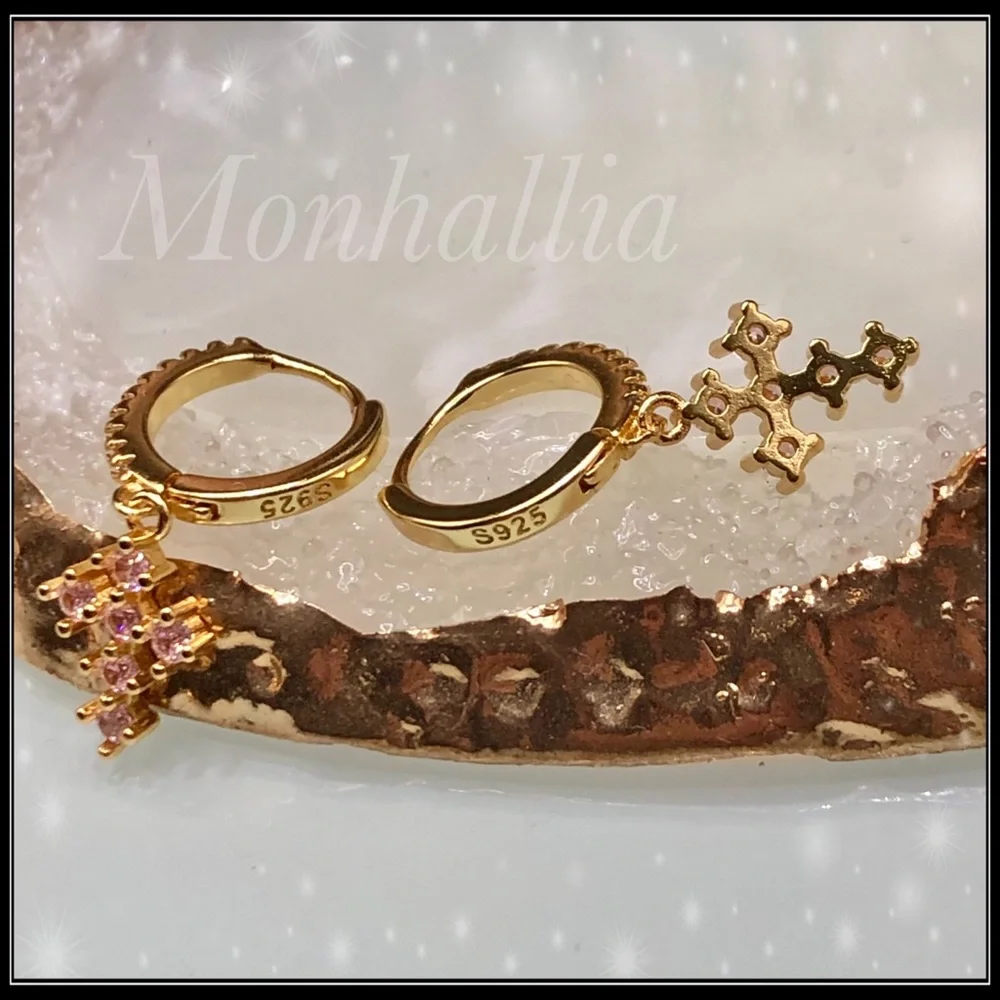 NEW 925 GOLD PINK SAPPHIRE GOD GOTH CELTICS CROSS HUGGIE EARRINGS